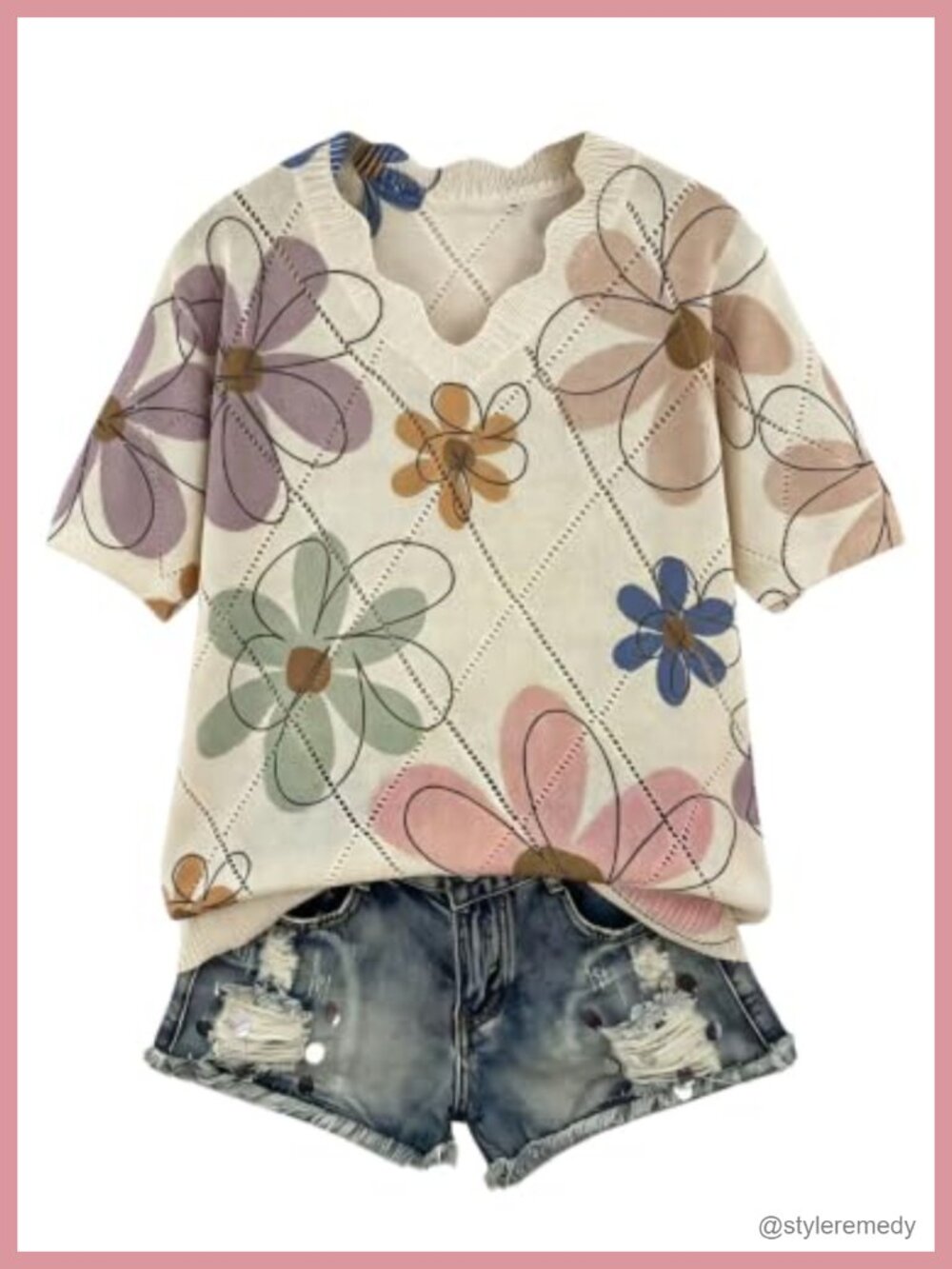 Crochet Floral Knit Sweater V Neck Short Sleeve Summer Top